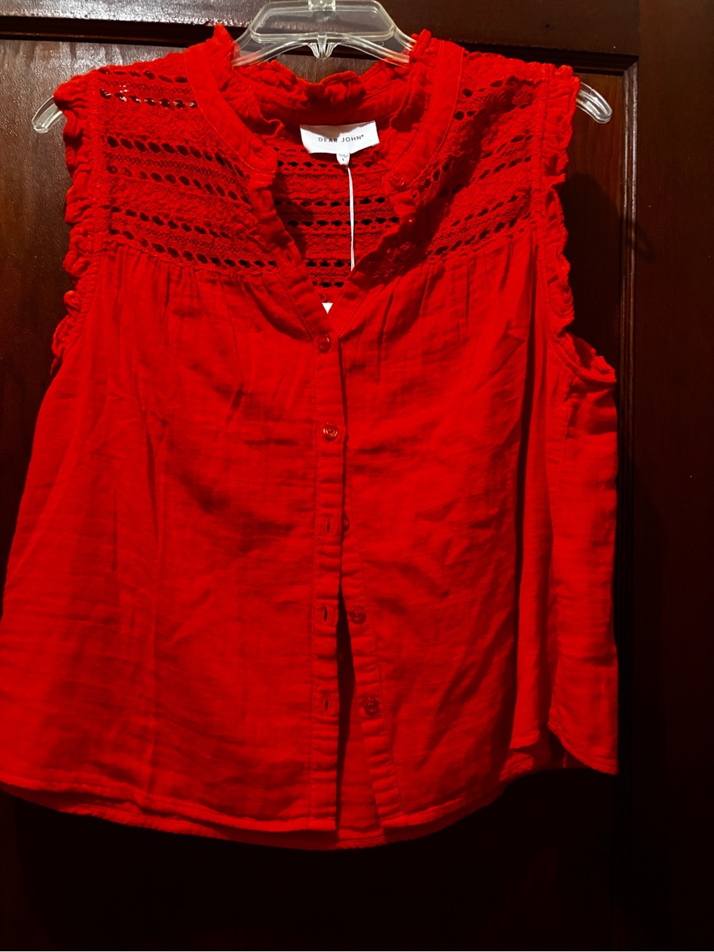 Dear John Red Sleeveless Eyelet Yoke Button-Front Camisole